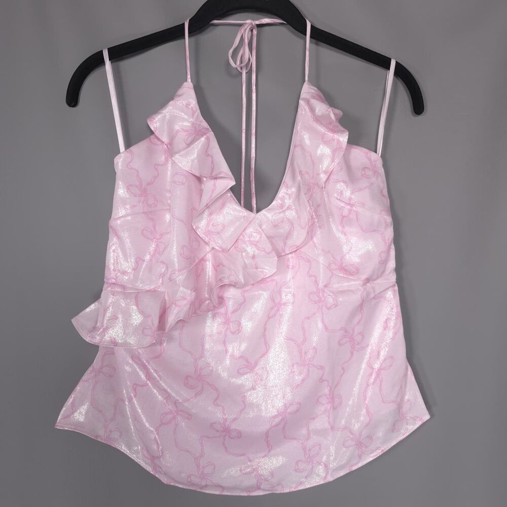 VICTORIA'S SECRET LOVESHACKFANCY Women MEDIUM New Satin Halter Ruffle Top Blouse
